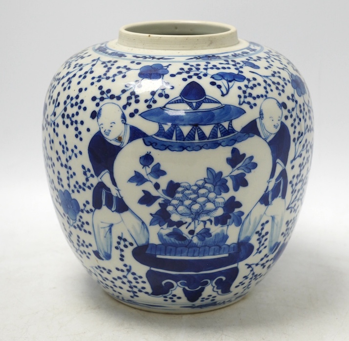 A 19th century Chinese blue and white 'boys' jar (without cover). 19cm high. Condition - good